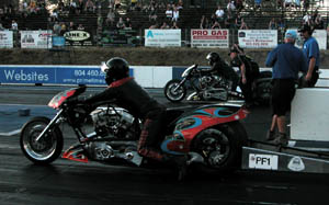 Mike Pelrine (near lane) - Top Fuel Harley